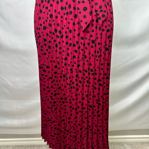 Dark Red Polka Dot Pleated Faux Wrap Dress Size L - Picture 6 of 13